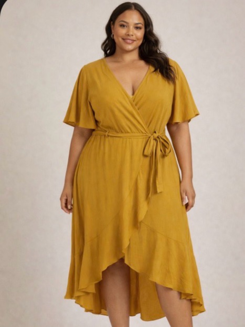 BloomChic Mustard High-Low Wrap Dress